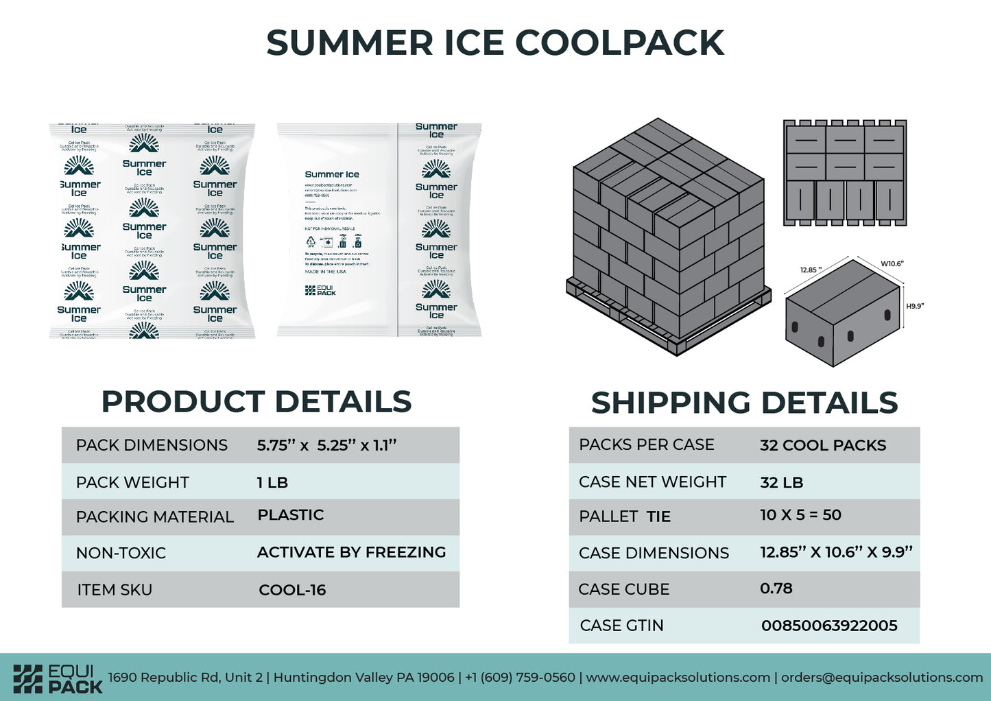Pallet of 1,800 Gel Ice Packs | 1 lb Each | 36 per Case, 50 Cases